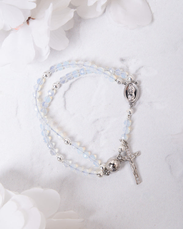 Delicate Opal Rosary Bracelet with blue crystal beads and silver charms