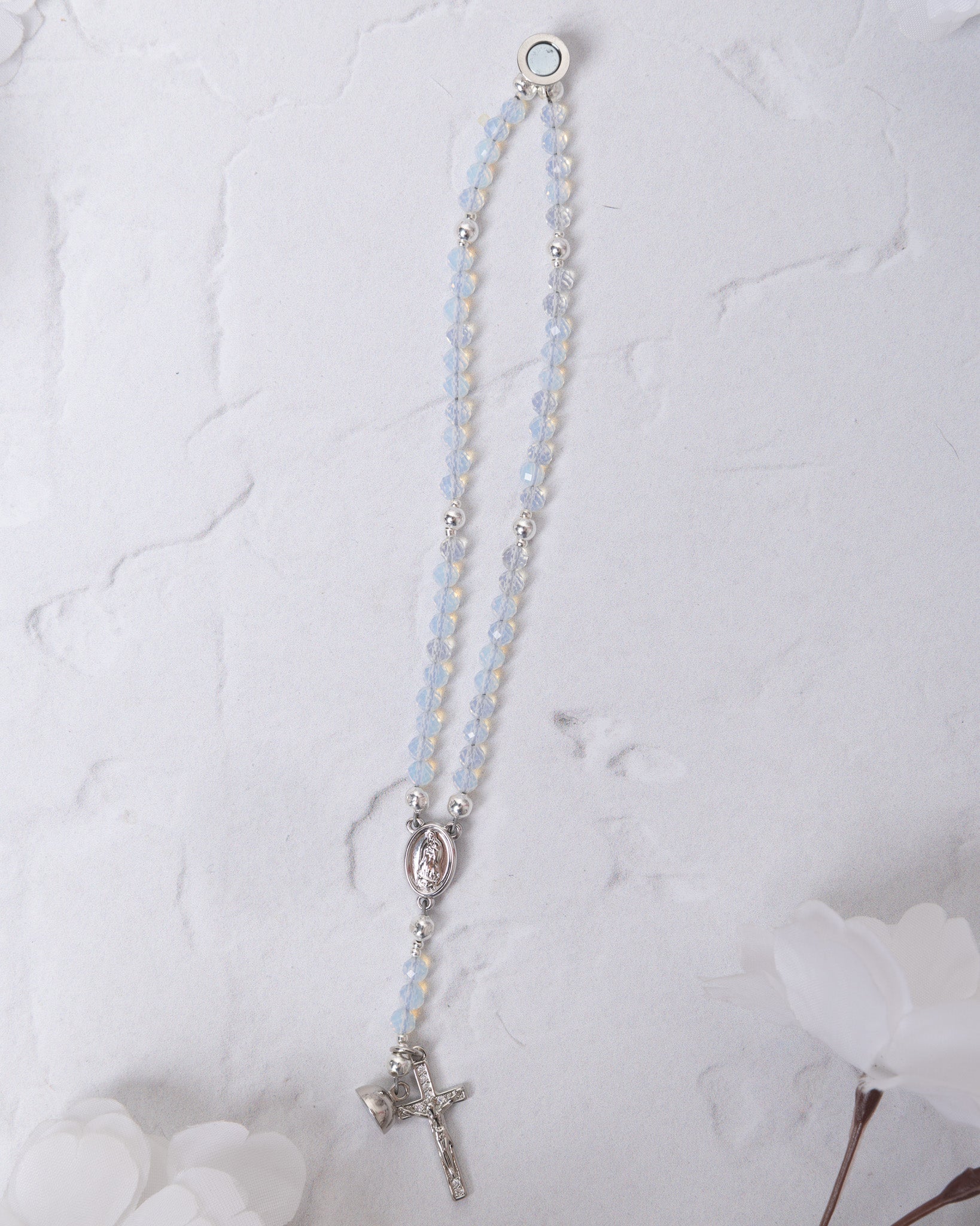 Delicate silver Opal Rosary Bracelet with light blue beads and ornate cross