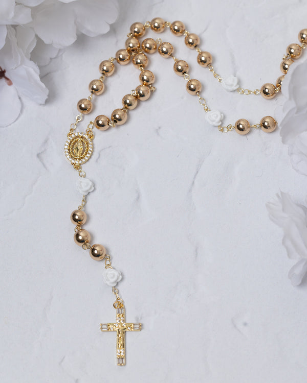 14K Gold Rosary with White Roses