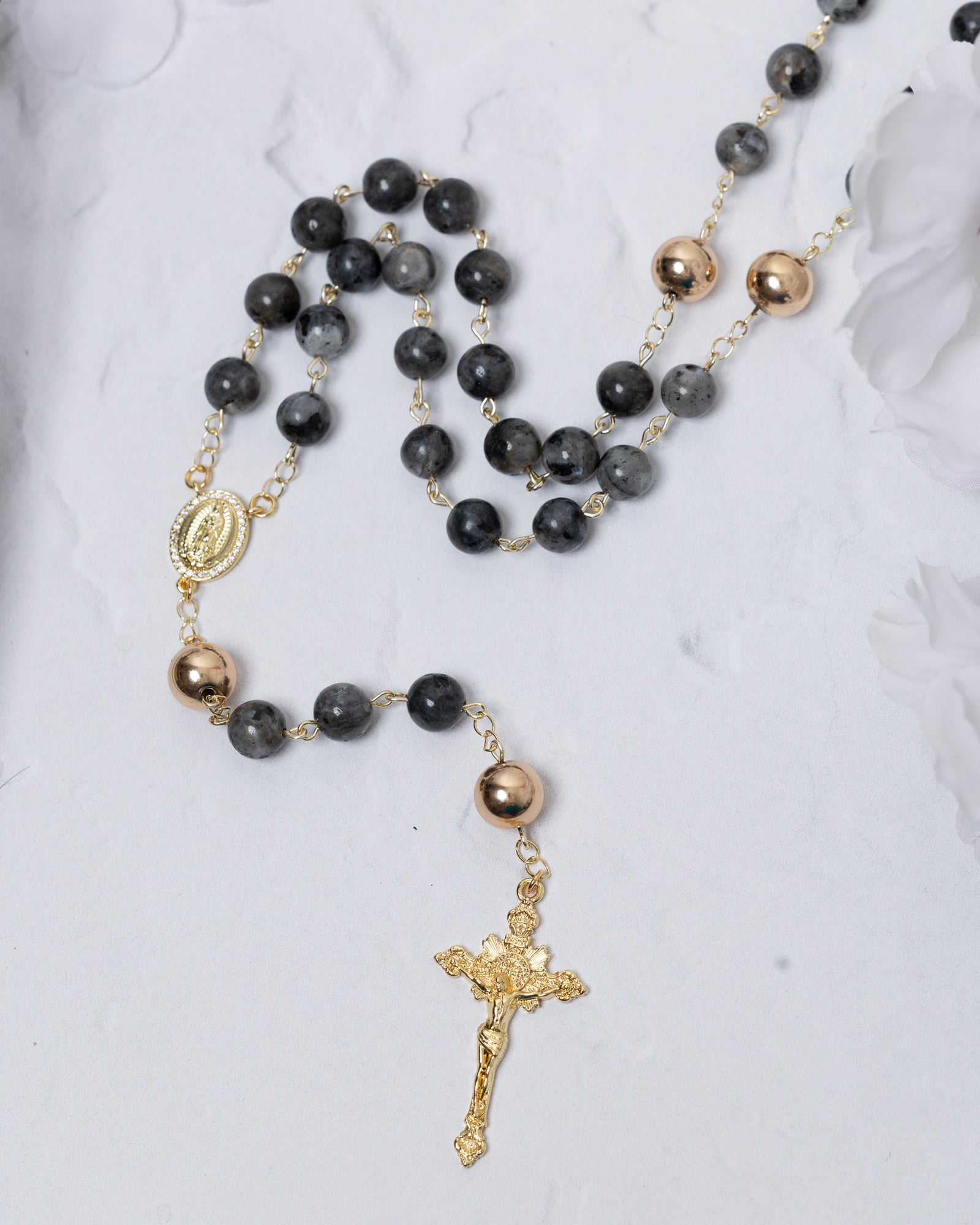 Dark Grey Rosary with 14K Gold Decades