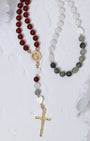 Lady of Guadalupe rosary with red beads and gold crucifix