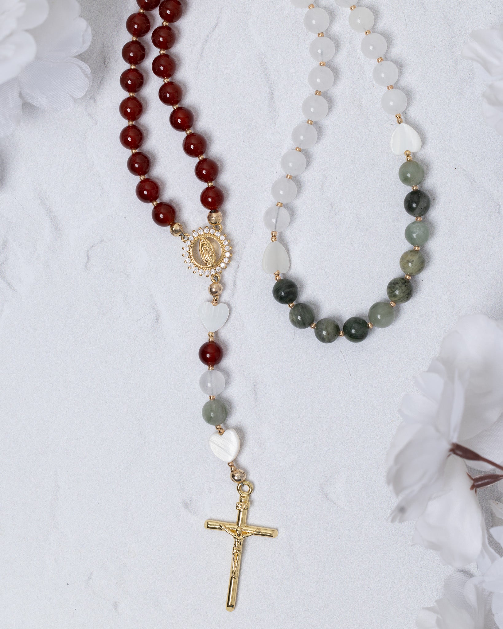 Lady of Guadalupe rosary with red beads and gold crucifix