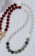 Lady of Guadalupe rosary with red, white, gray-green beads and gold accents