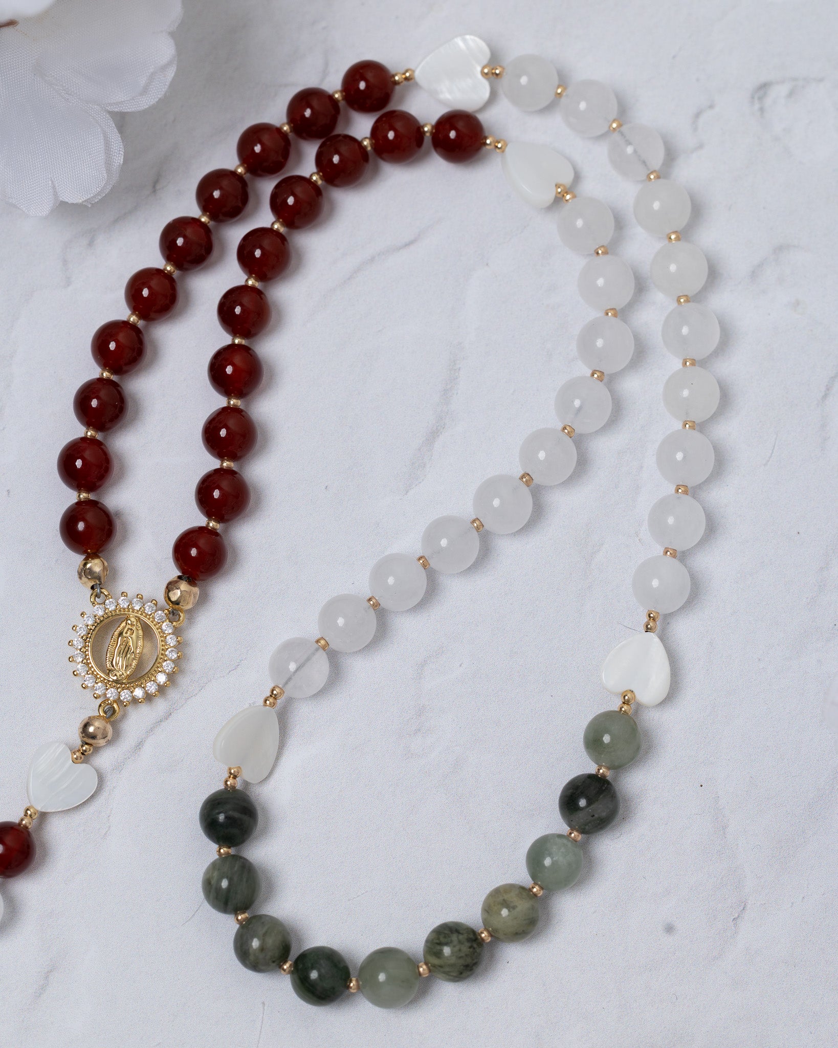 Lady of Guadalupe rosary with red, white, gray-green beads and gold accents