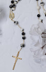 Black and white speckled stone Light of Benediction Rosary with gold chain