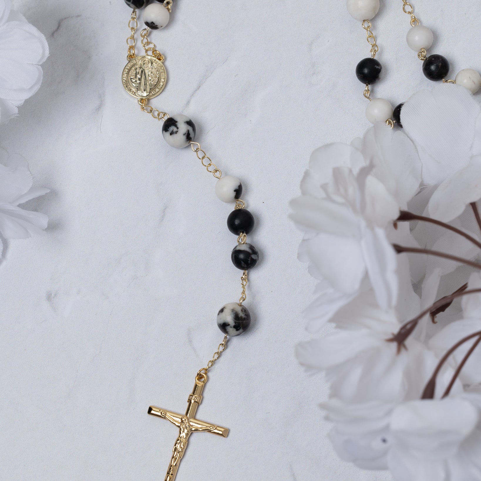 Black and white speckled stone Light of Benediction Rosary with gold chain