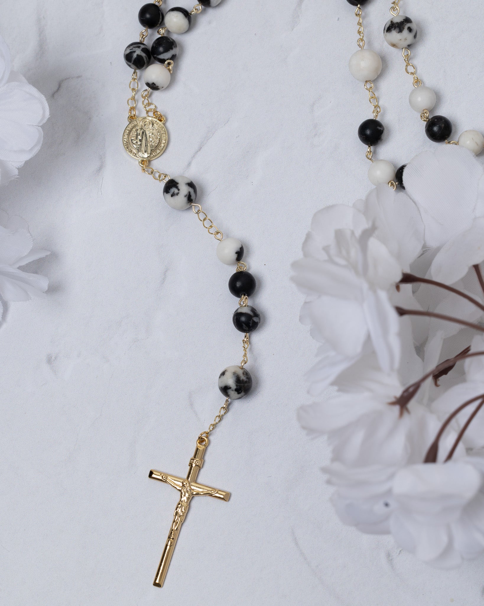 Black and white speckled stone Light of Benediction Rosary with gold chain