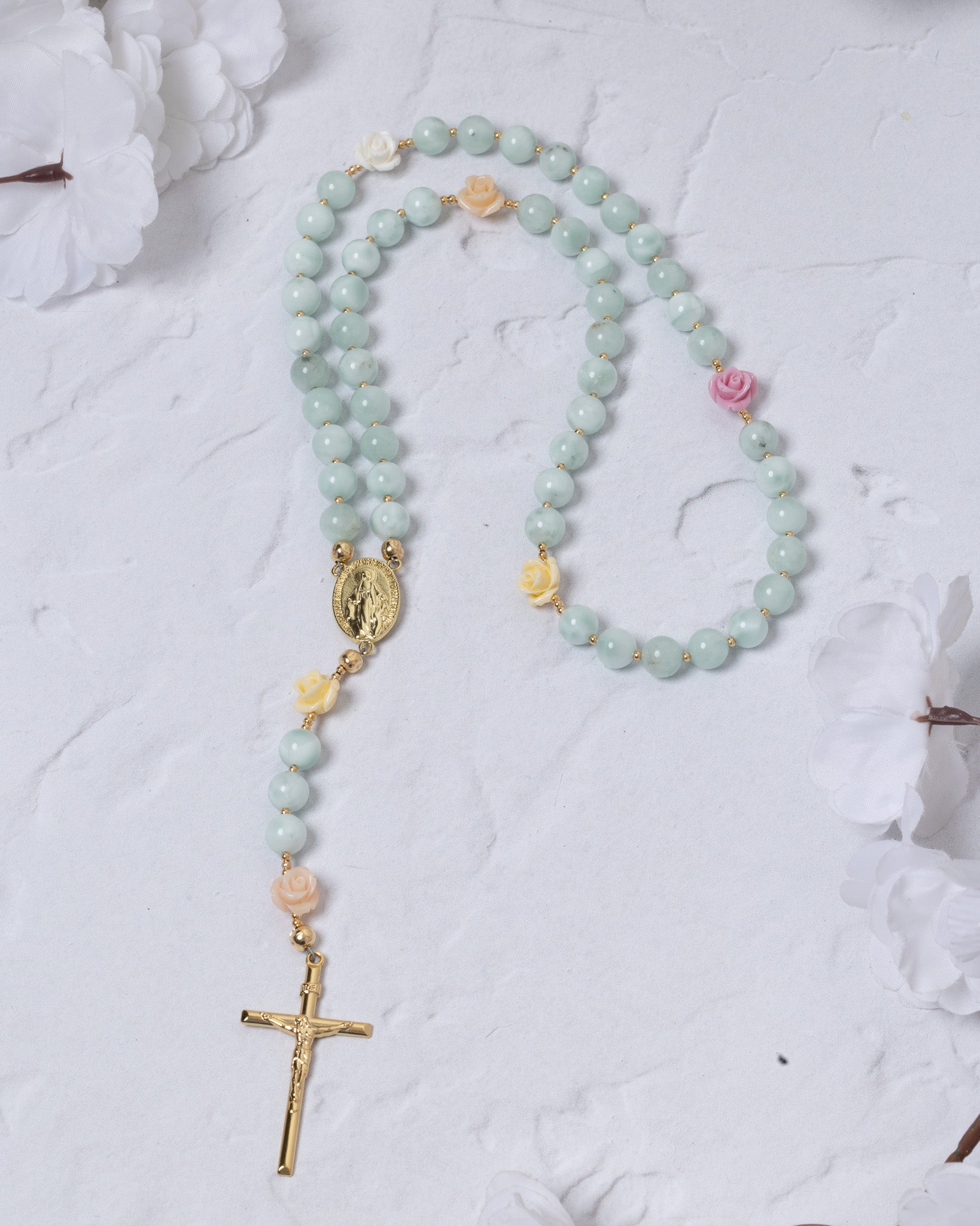 St. Thereses Rose Garden Rosary: light blue jade with gold accents, rose beads, crucifix