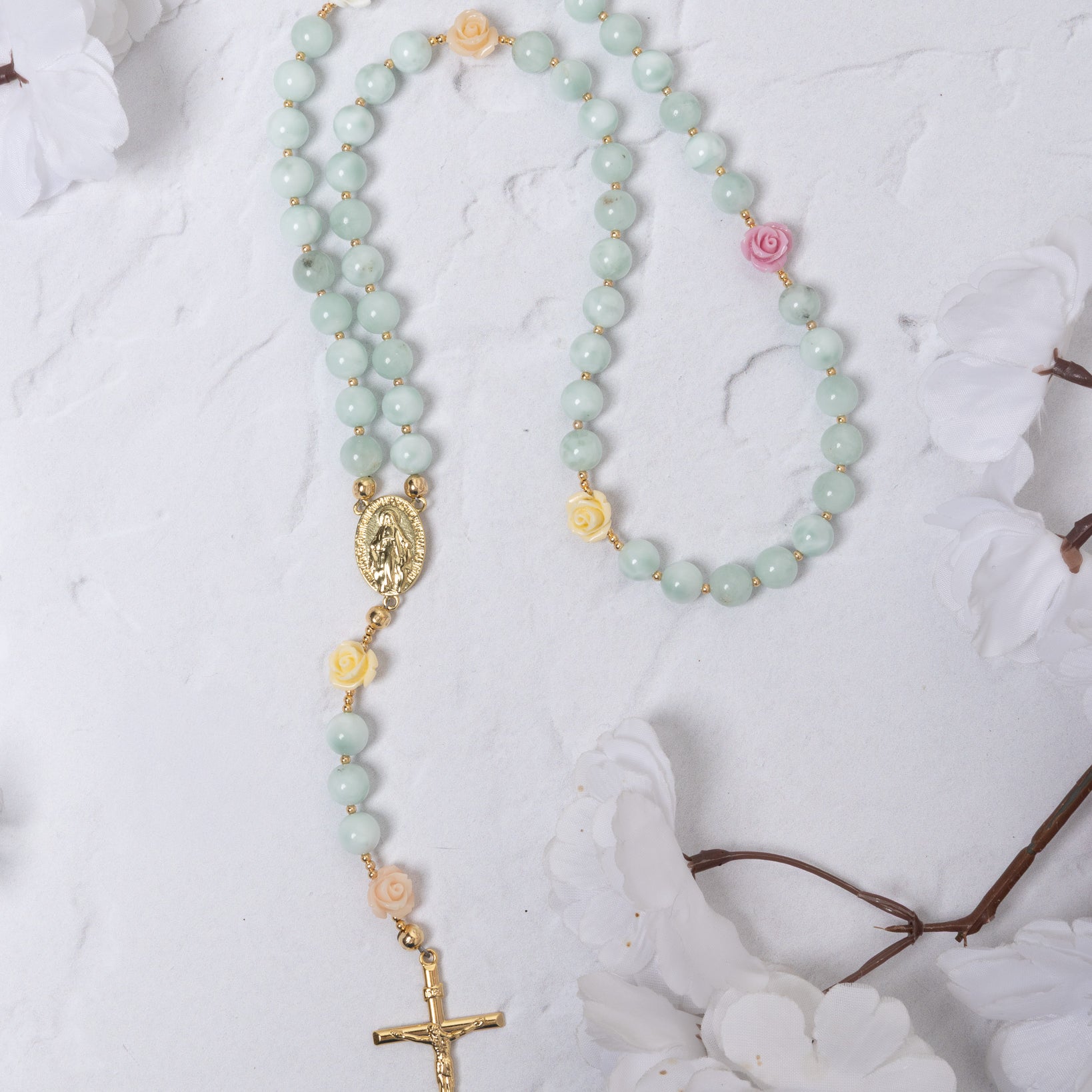 St. Thereses Rose Garden Rosary: light green jade with gold accents, rose beads, crucifix