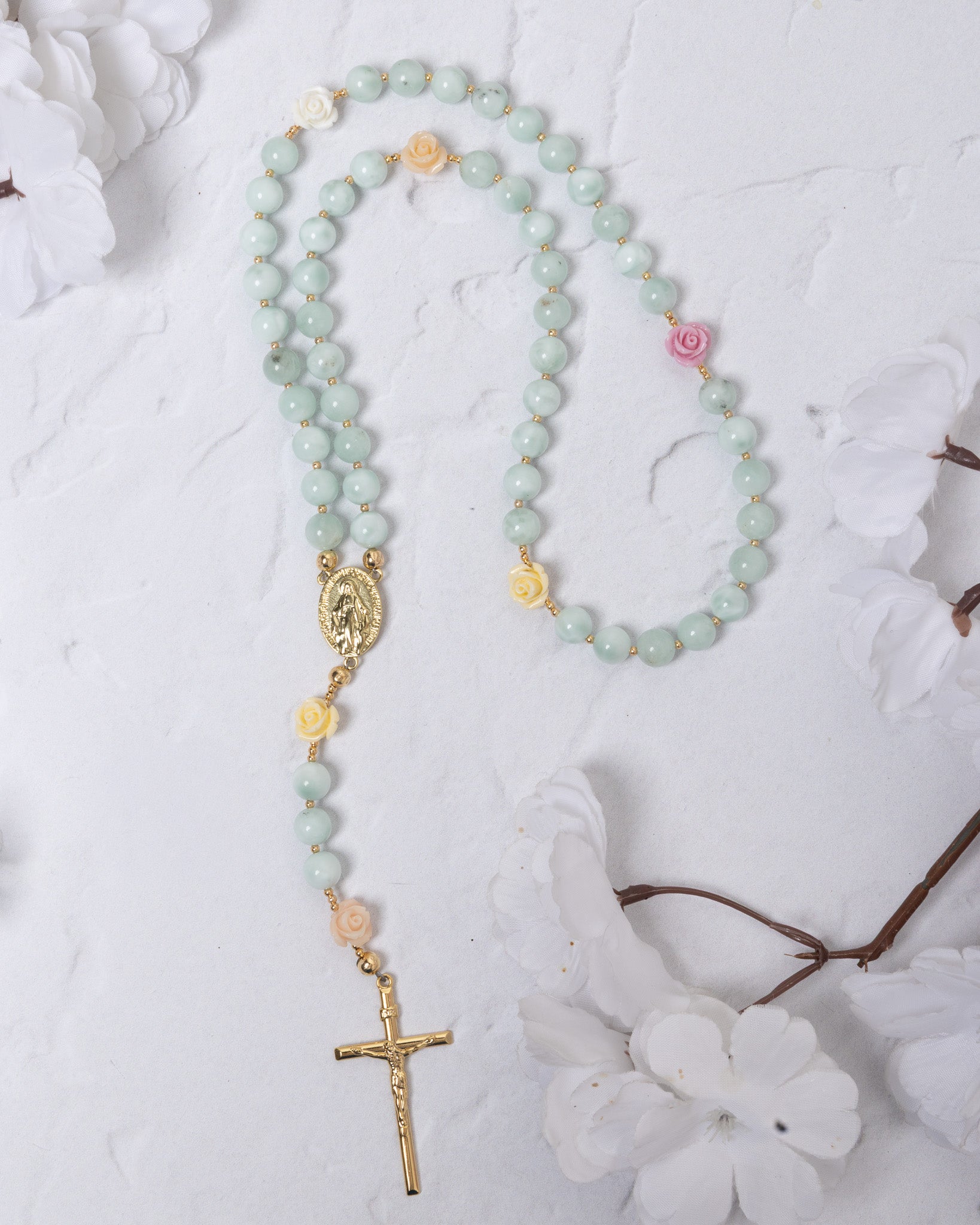 St. Thereses Rose Garden Rosary: light green jade with gold accents, rose beads, crucifix