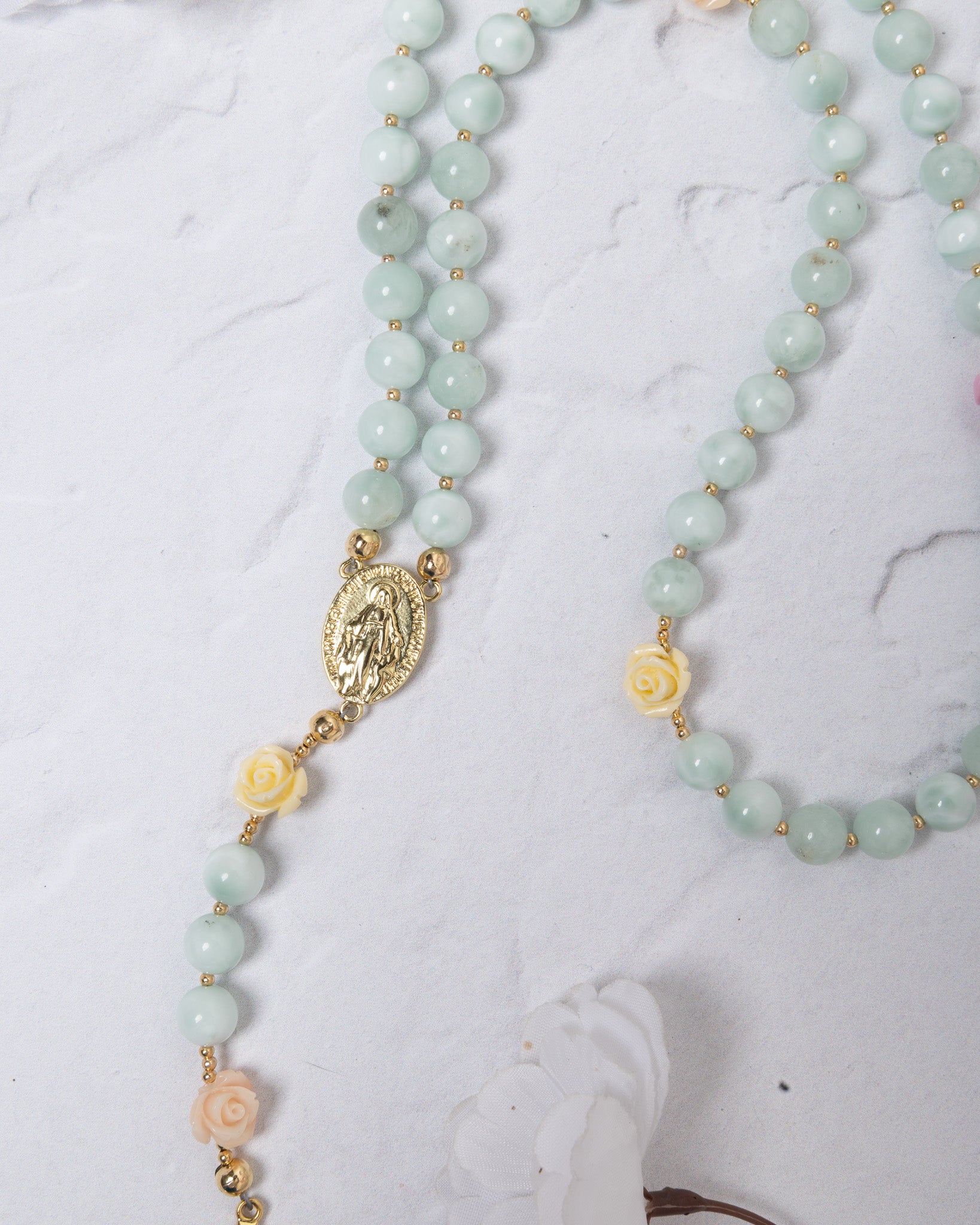 St. Thereses Rose Garden jade bead rosary with rose charms