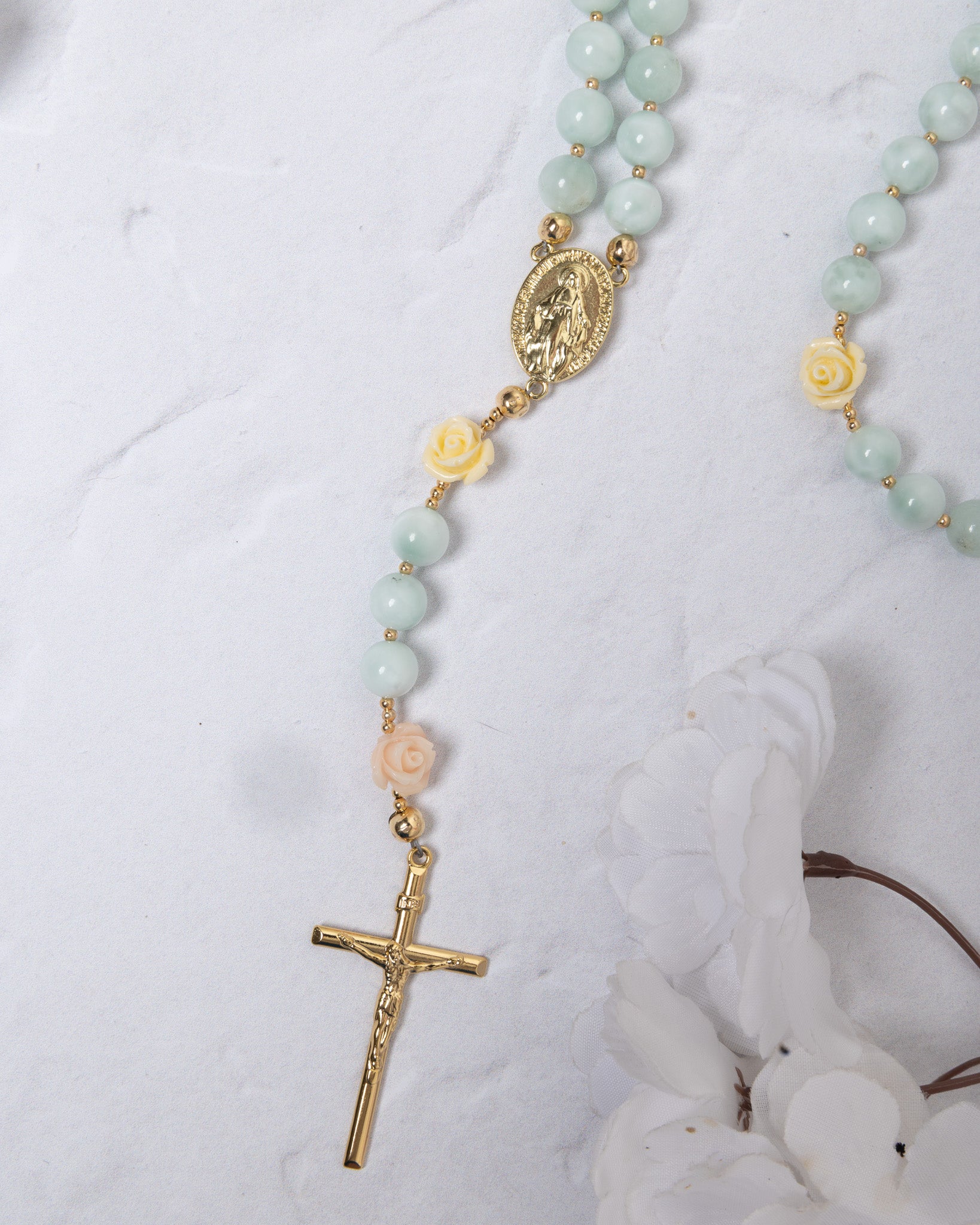 St. Therese’s Rose Garden Rosary with blue jade beads and gold accents