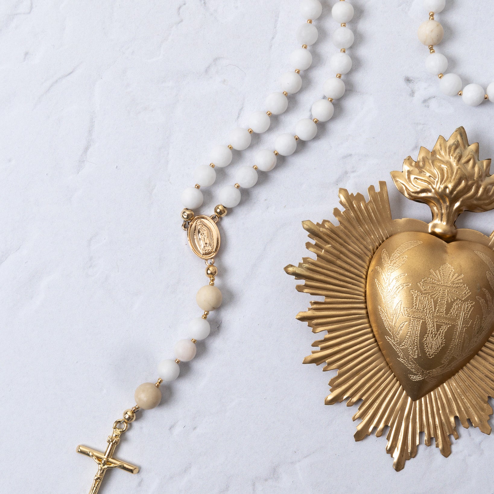 Golden Sacred Heart Medal and Immaculata Rosary with Sunburst and Beads