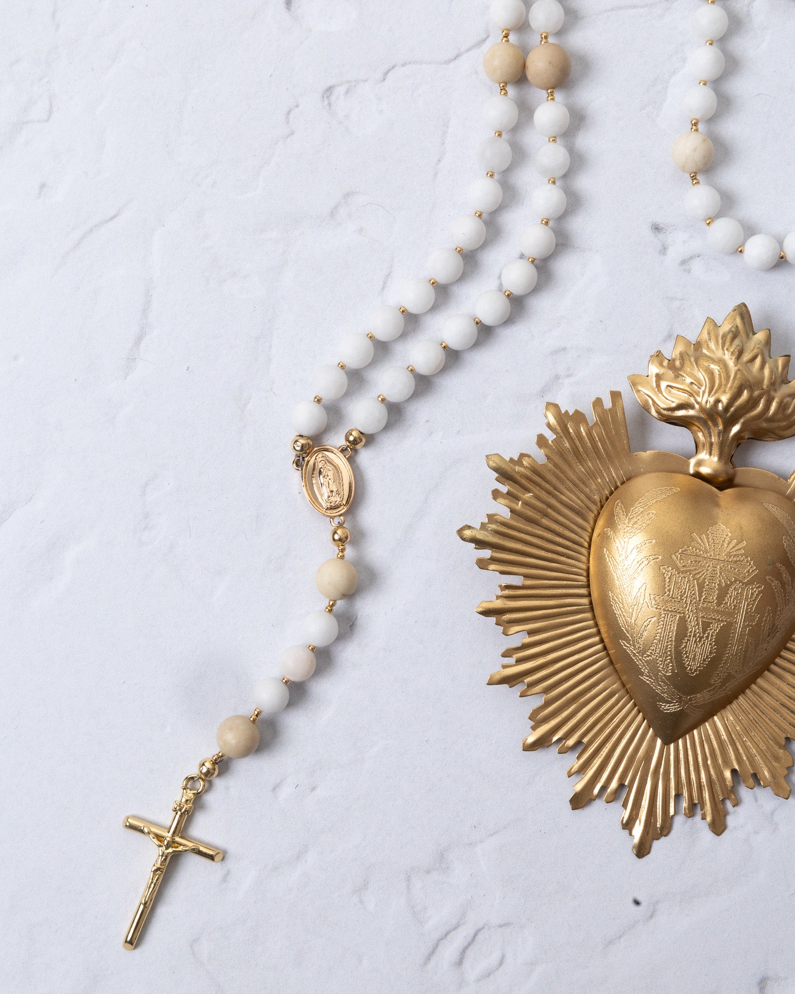 Golden Sacred Heart Medal and Immaculata Rosary with Sunburst and Beads