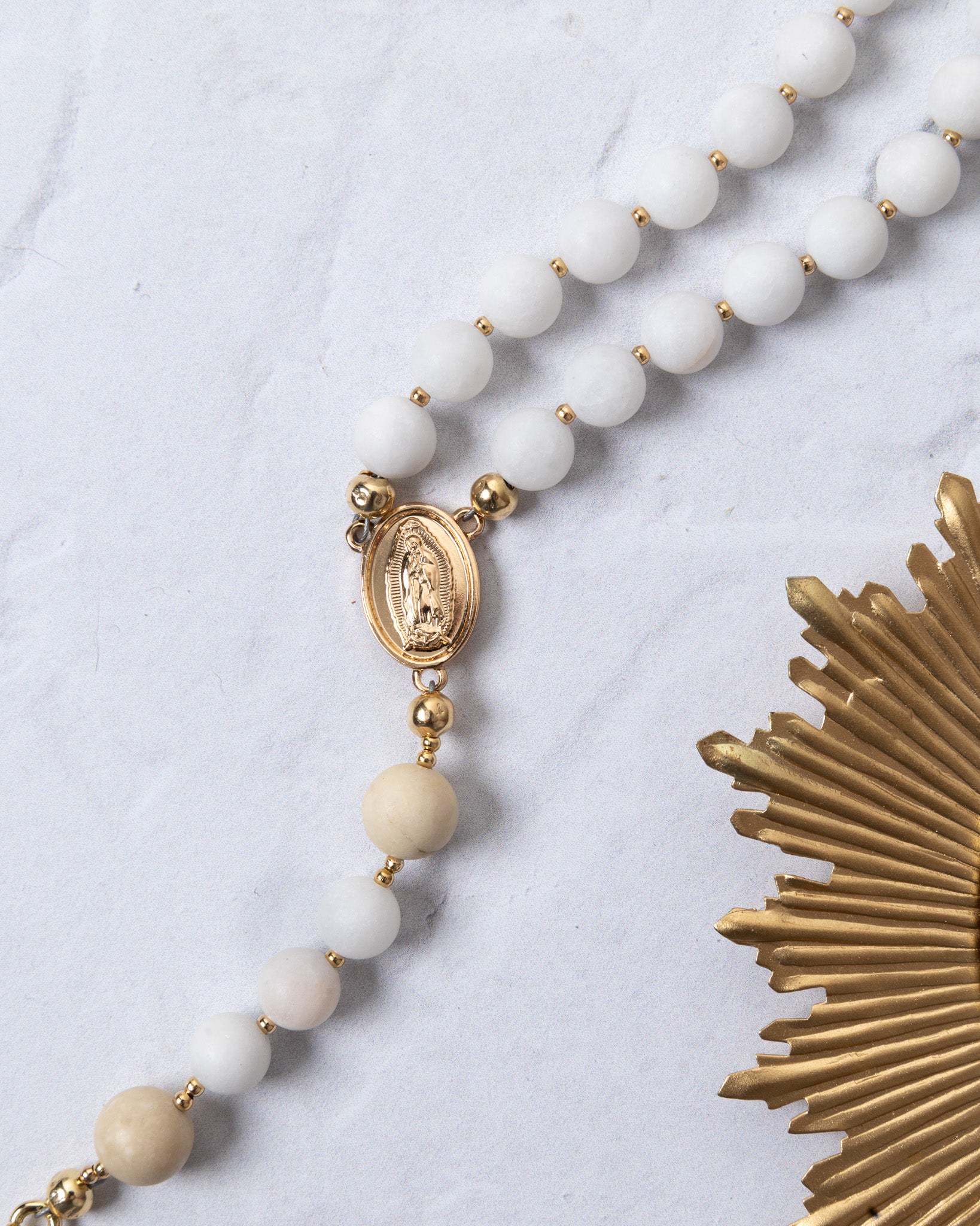 Immaculata Rosary: white beaded with gold accents and engraved medallion