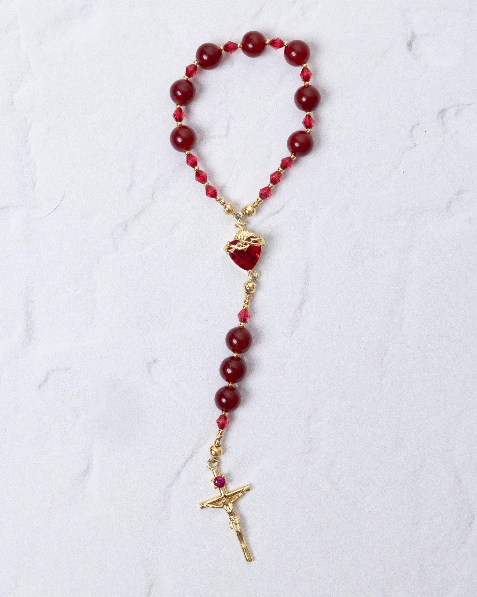 Red glass bead Seven Sorrows Chaplet with gold accents and heart centerpiece