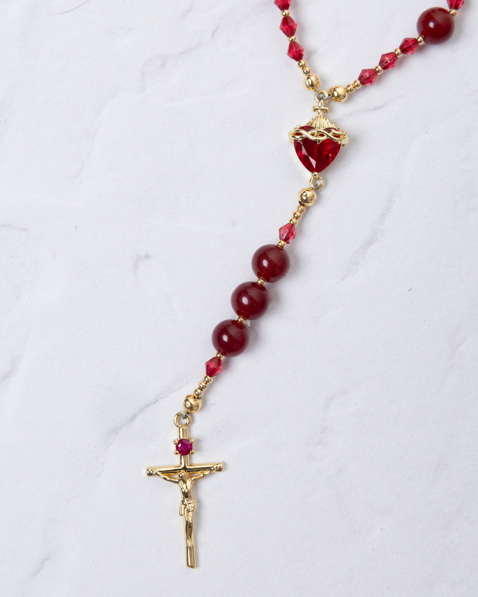 Red and gold Seven Sorrows Chaplet with heart centerpiece and crucifix