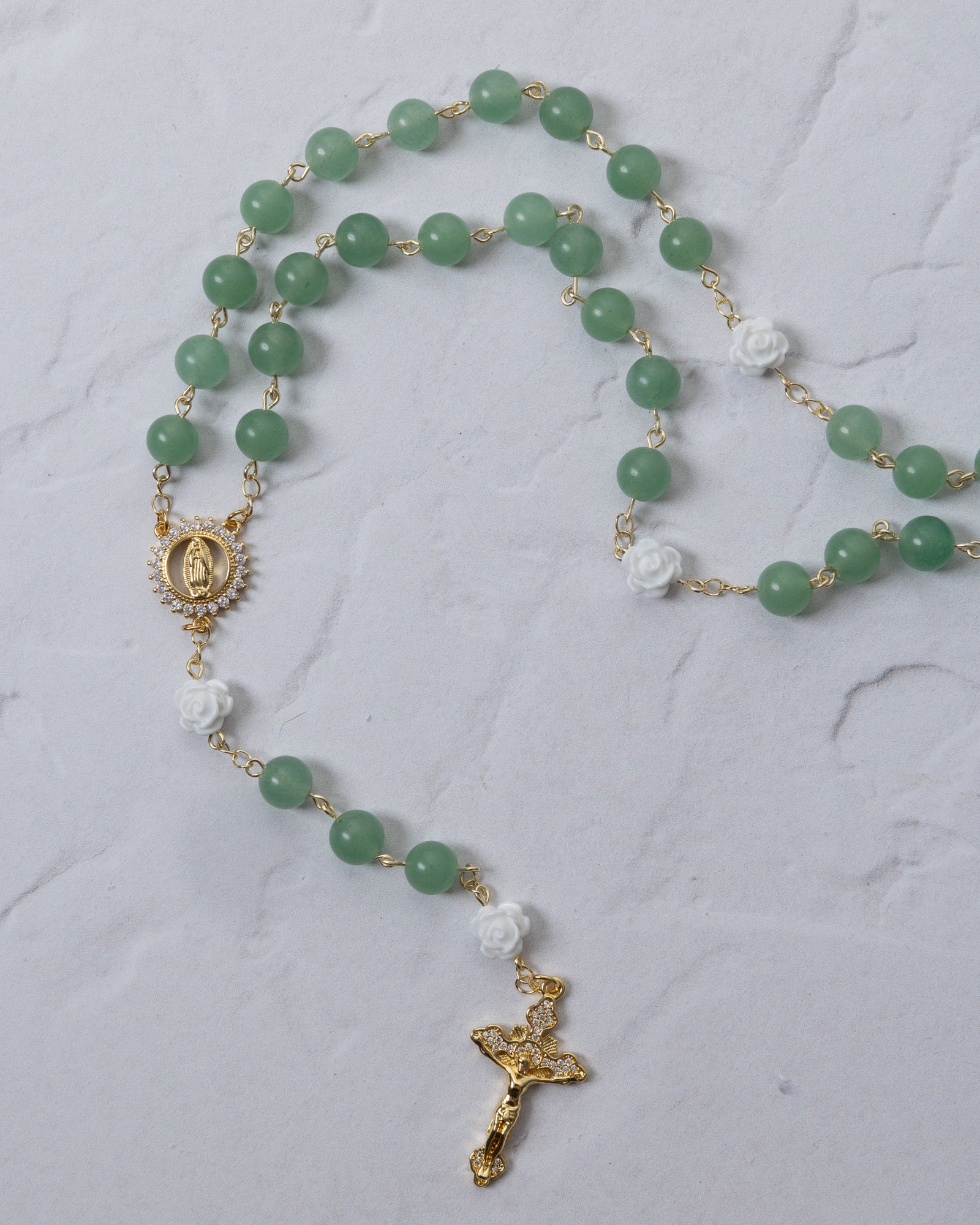Green Jade + White Rose Rosary