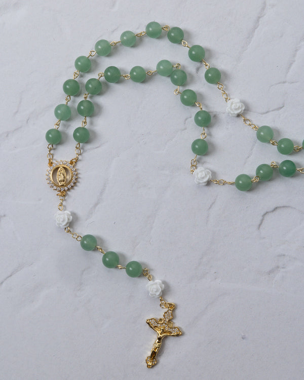Green Jade + White Rose Rosary