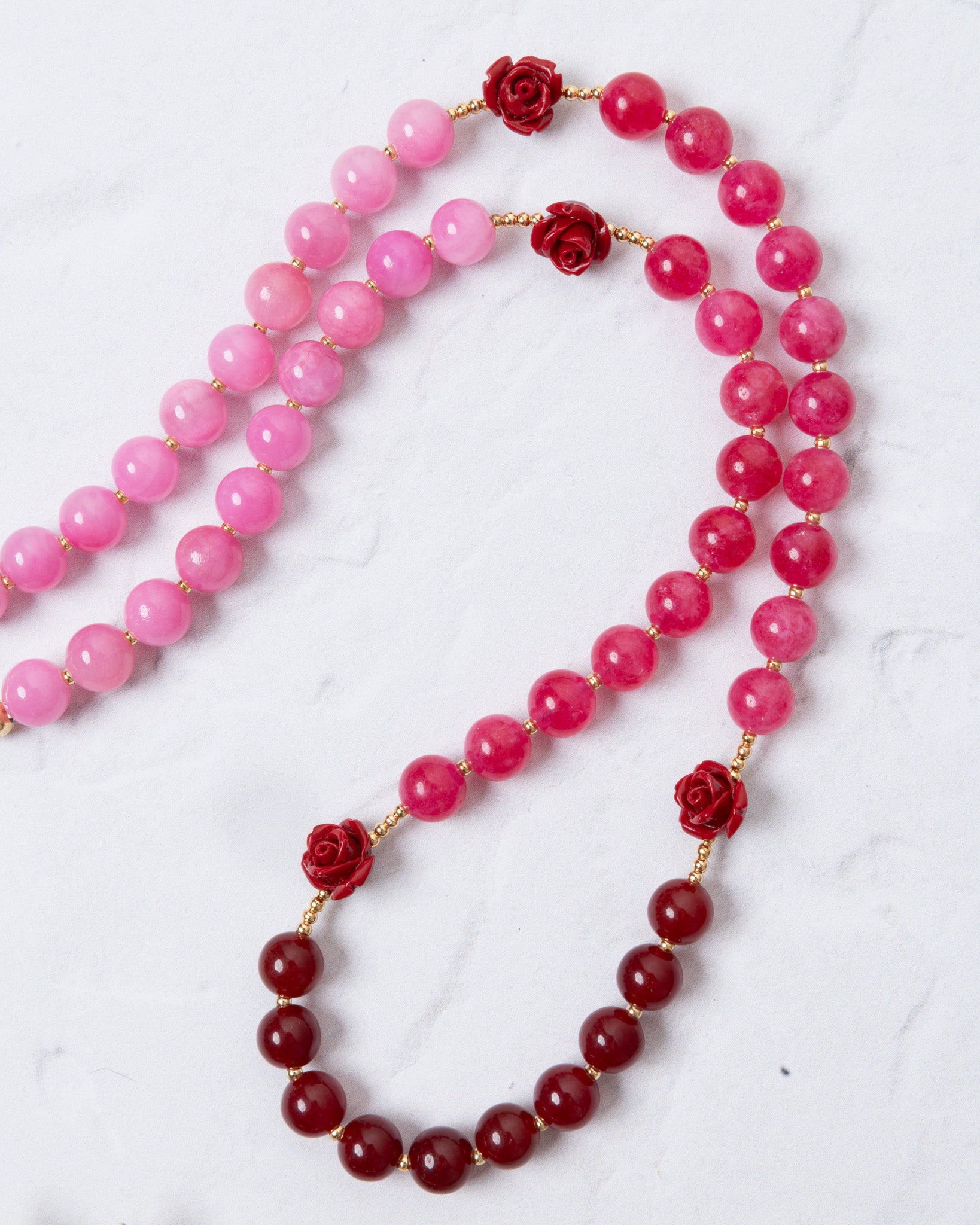 Mater Amoris Rosary: gradient pink-red bead double-strand necklace with gold rose accents