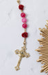 Mater Amoris Rosary with gold rosary, red pink beads, rose charms, stone cross