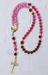 Mater Amoris Rosary with pink-red gradient beads and gold rose charms