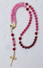 Mater Amoris Rosary with pink-red gradient beads and gold rose charms
