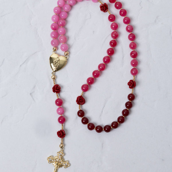 Mater Amoris Rosary with pink-red gradient beads and gold rose charms