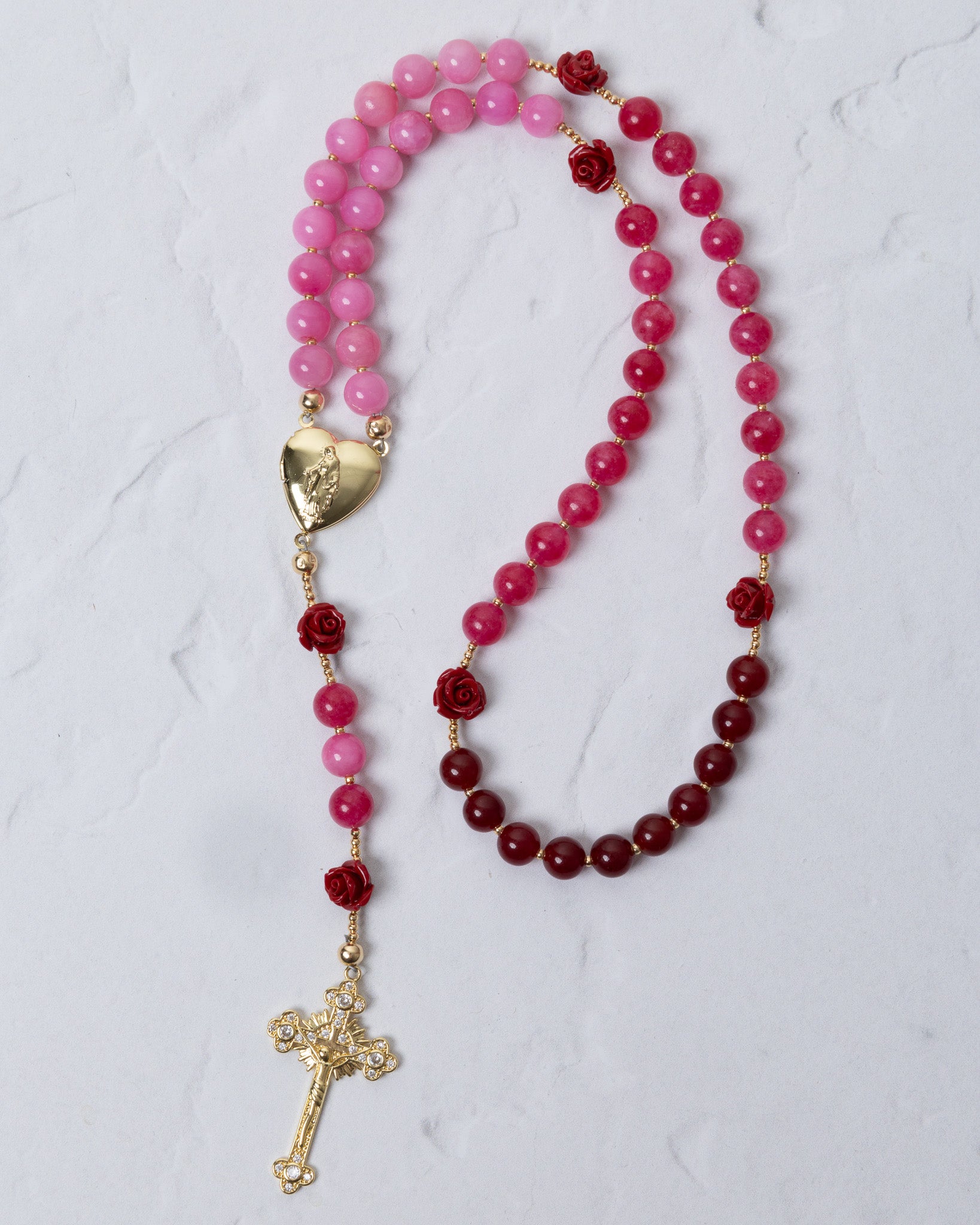 Mater Amoris Rosary with pink-red gradient beads and gold rose charms