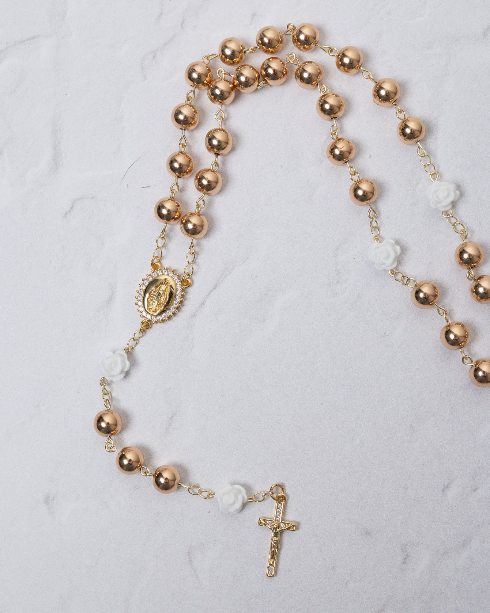 14K Gold + White Rose Rosary