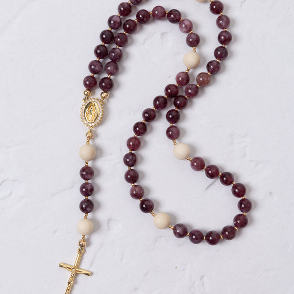 Lent Forty Days rosary with maroon cream beads gold crucifix medallion