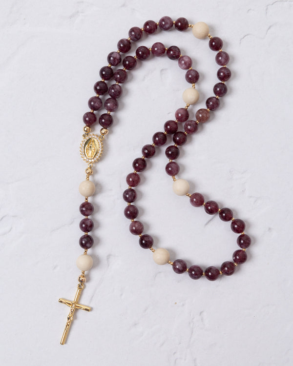 Lent Forty Days rosary with maroon cream beads gold crucifix medallion