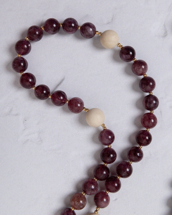 Lent Forty Days Rosary with deep purple gemstones and cream beads on gold spacers
