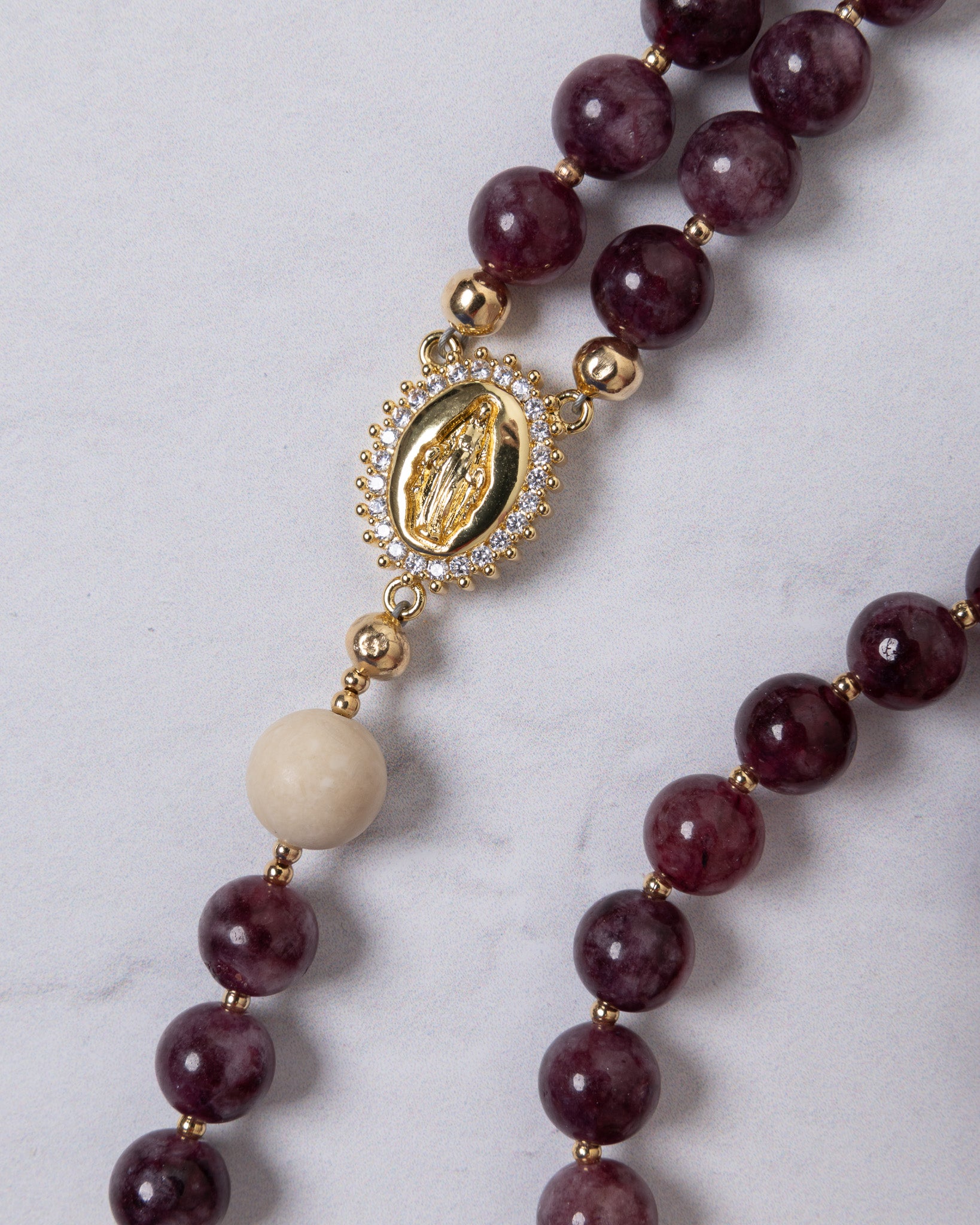 Lent Forty Days rosary with maroon gemstones, gold Our Lady of Guadalupe medallion
