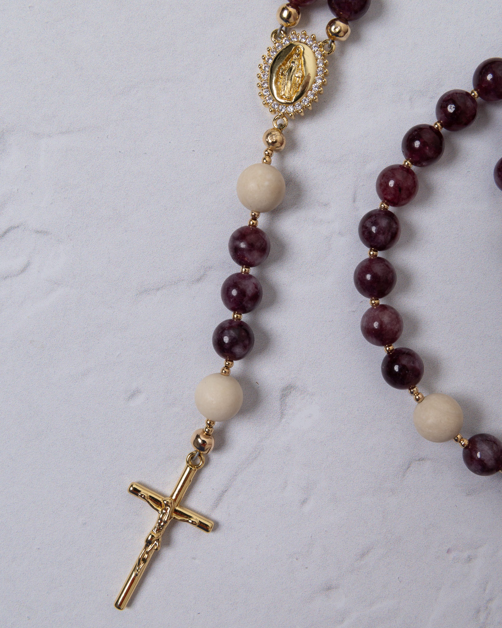 Lent Forty Days rosary with maroon cream beads gold crucifix diamond medallion