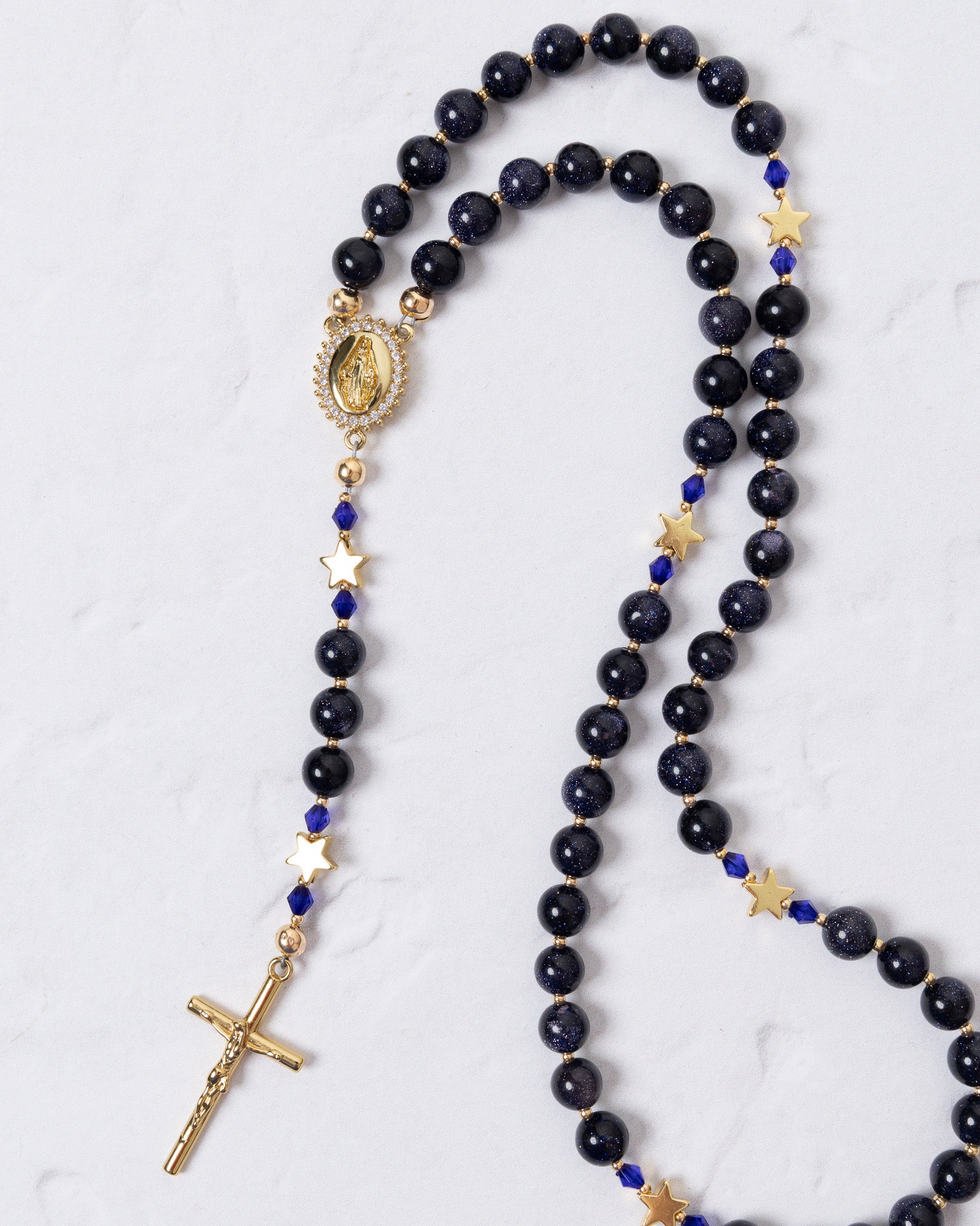 Our Lady of Aparecida black gold rosary with blue beads crucifix medallion