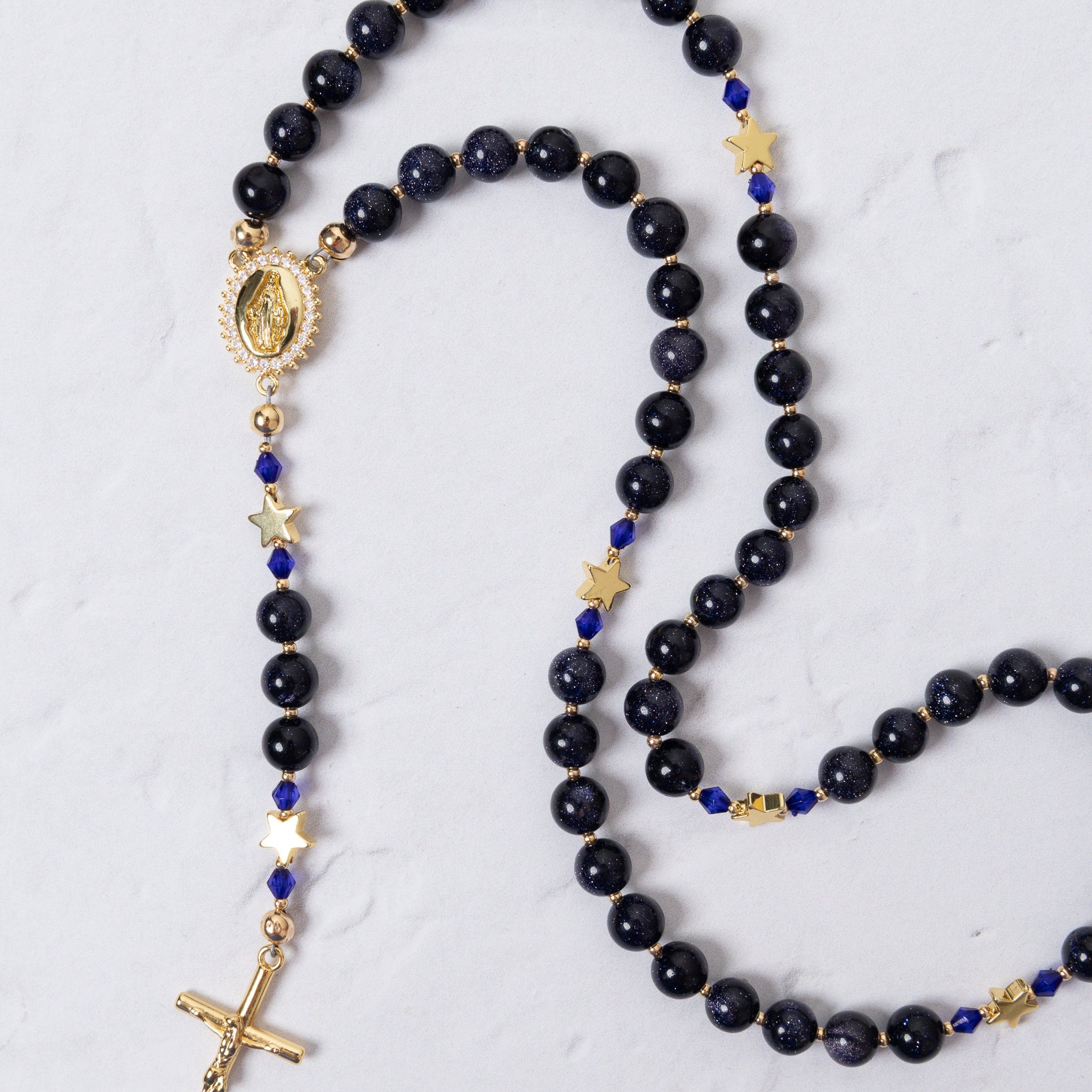 Our Lady of Aparecida elegant black gold rosary with blue beads crucifix