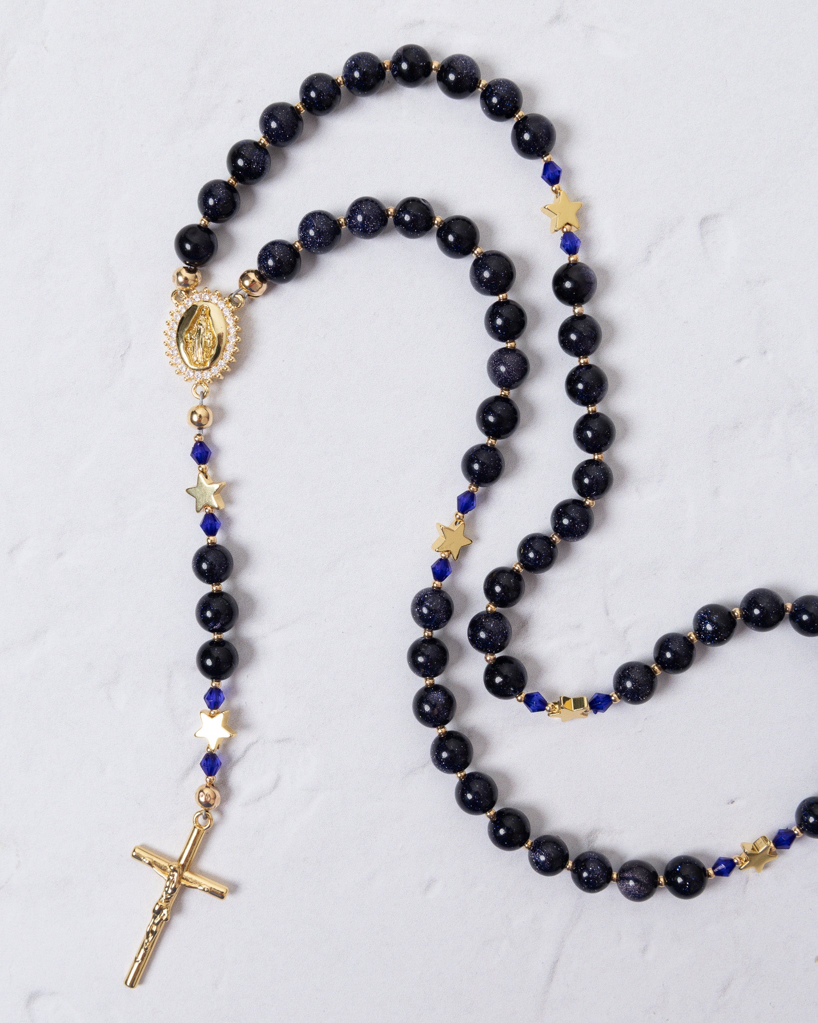 Our Lady of Aparecida elegant black gold rosary with blue beads crucifix