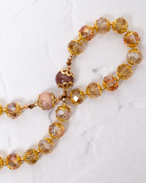 Gloria Dei Rosary: beaded necklace with amber crystals, maroon gem in gold filigree