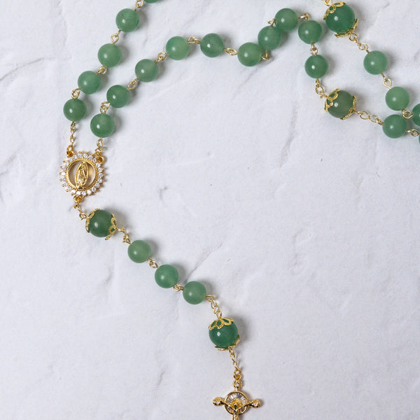 Green jadeite rosary with gold-toned accents and crucifix