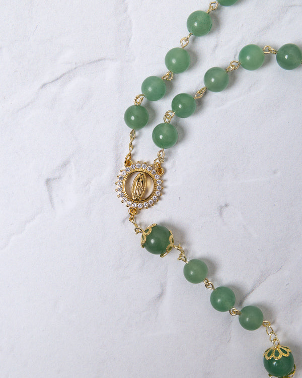 Jadeite rosary with green jade beads, gold accents, Virgin Mary medallion