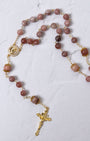 Mater Amoris rosary with rose-pink gemstone beads and gold crucifix