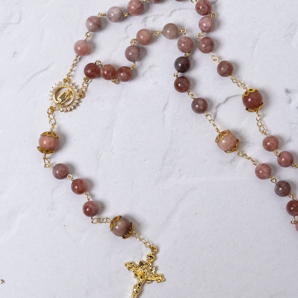 Mater Amoris rosary with rose-pink gemstone beads and gold crucifix