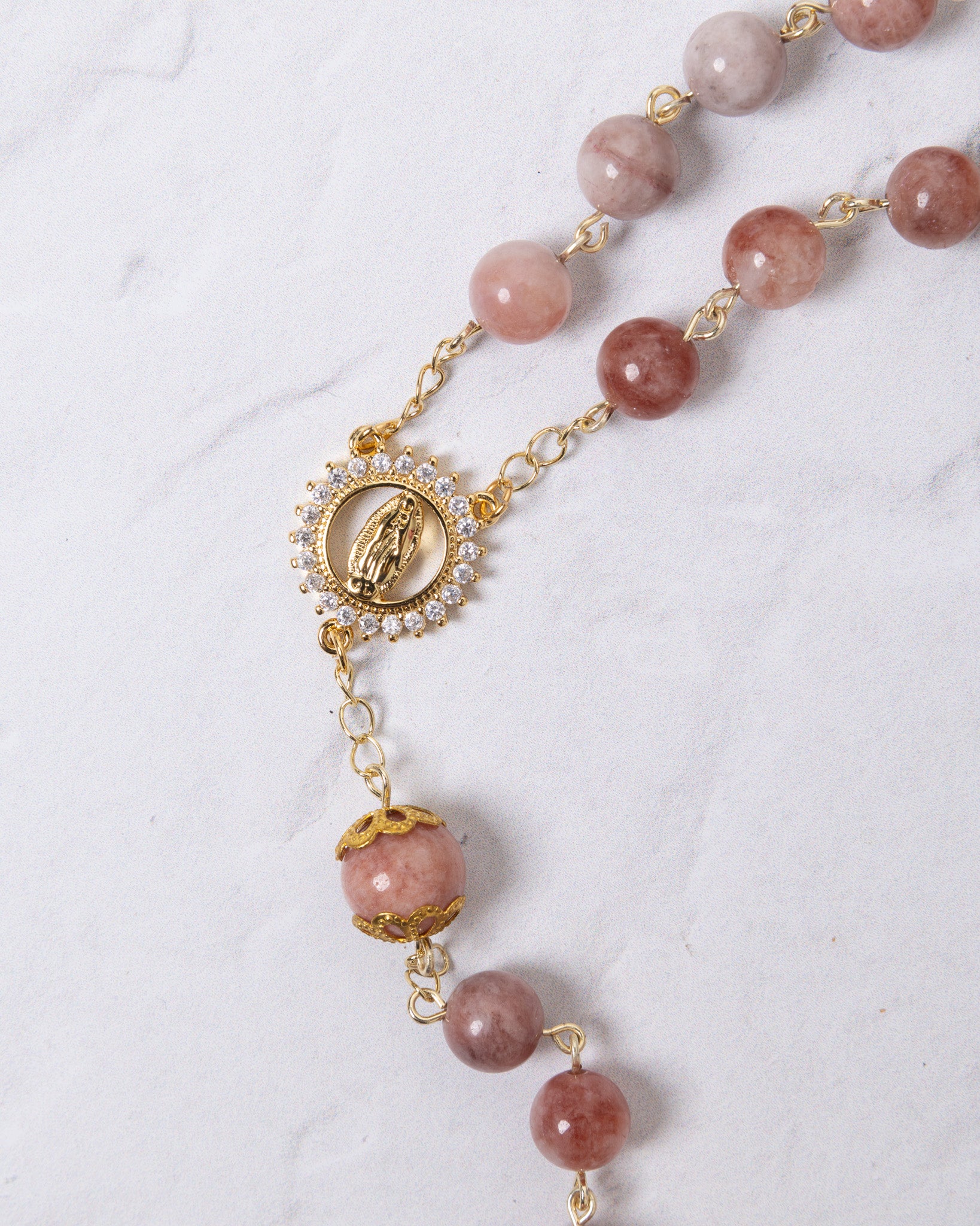 Mater Amoris rosary with pink rose quartz beads and Virgin Mary medallion
