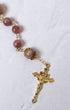 Mater Amoris Rosary with rose-pink gemstone beads and gold crucifix
