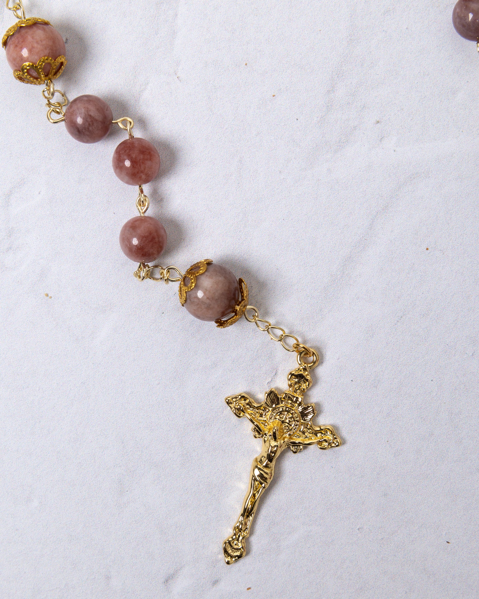 Mater Amoris Rosary with rose-pink gemstone beads and gold crucifix