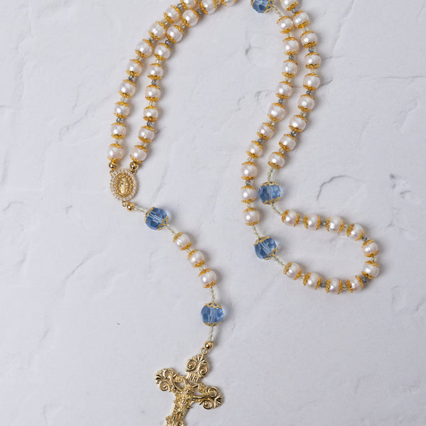Pearl Something Blue Bridal Rosary with gold rosary, cream pearls, blue crystals