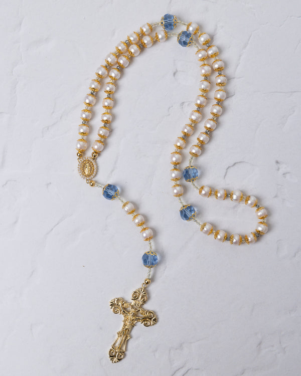 Pearl Something Blue Bridal Rosary with gold rosary, cream pearls, blue crystals