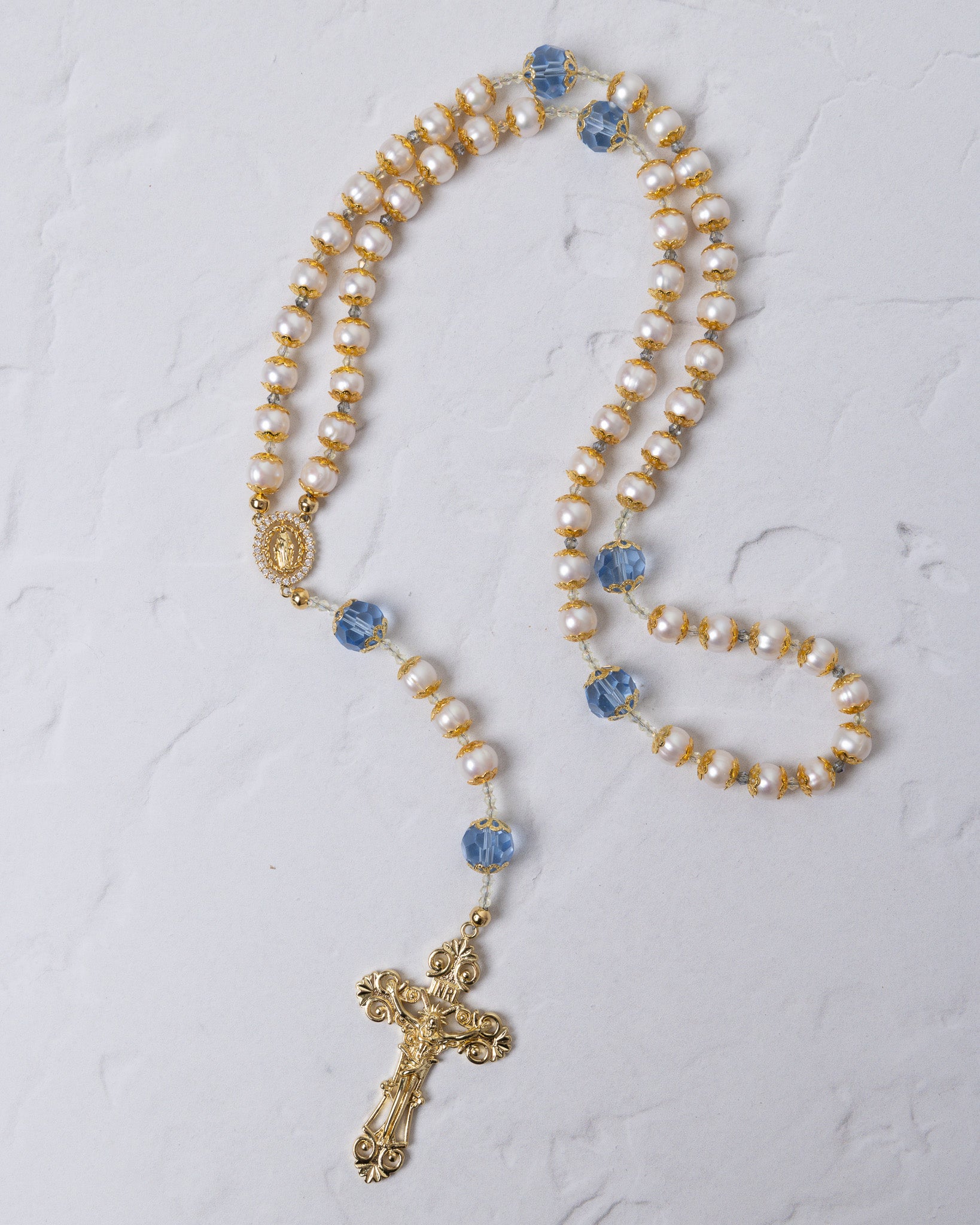 Pearl Something Blue Bridal Rosary with gold rosary, cream pearls, blue crystals