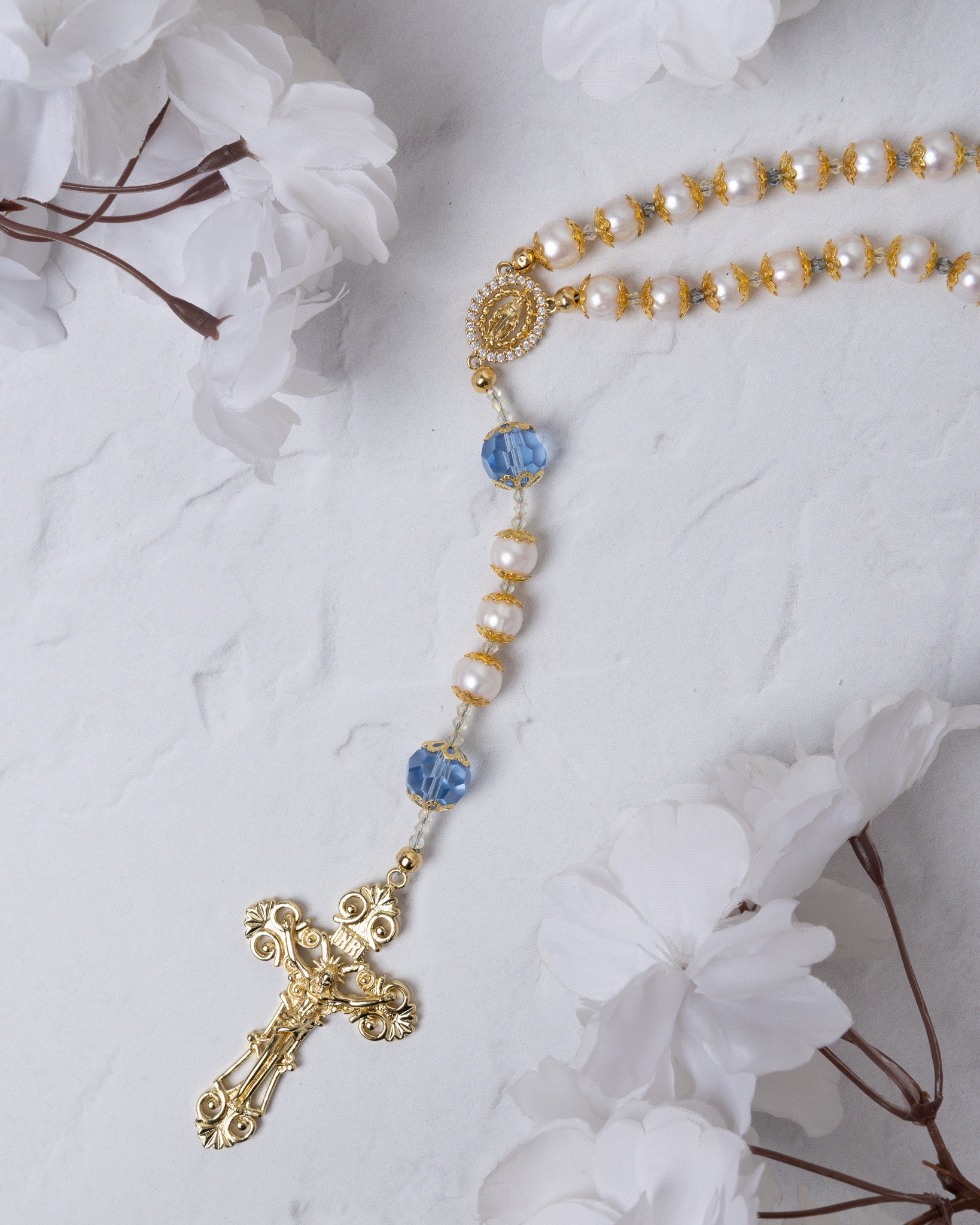 Pearl Something Blue Bridal Rosary with gold tone, pearls, blue crystals